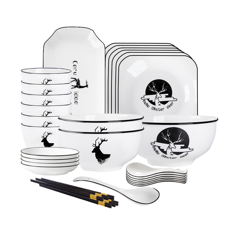 White Antler Printed Ceramic Dinnerware Square Plates Bowls Soup Set of 20