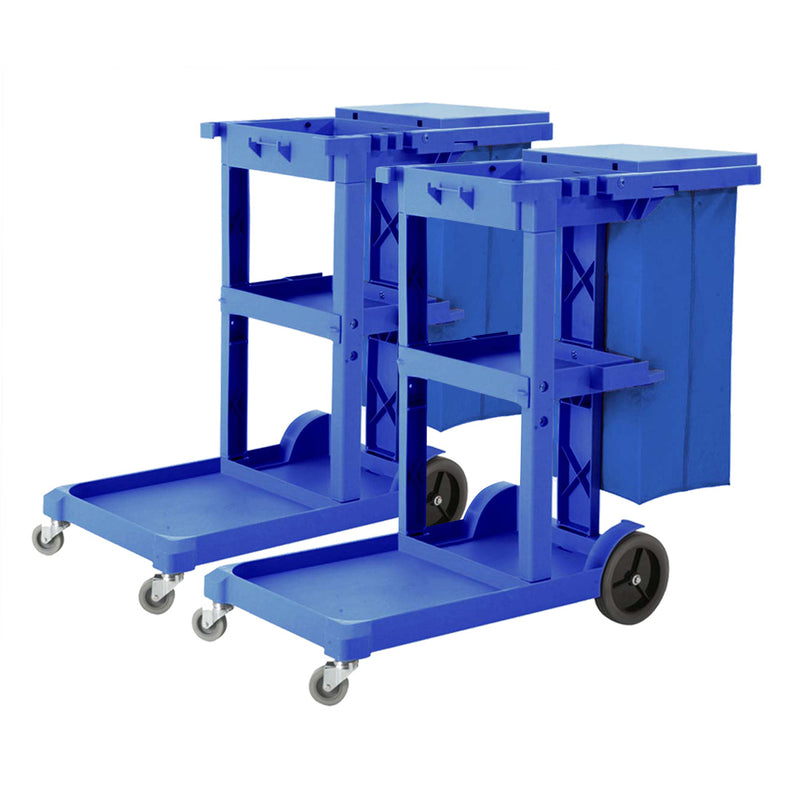 2X 3 Tier Blue Plastic Janitor Cart With Bag Waterproof Easy to Clean and Move