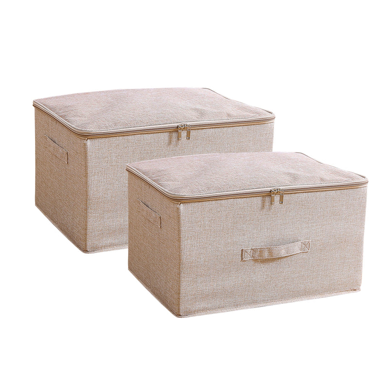 2X Beige Large Portable Foldable Storage Box 45x35x25cm Double Zipper Polyester