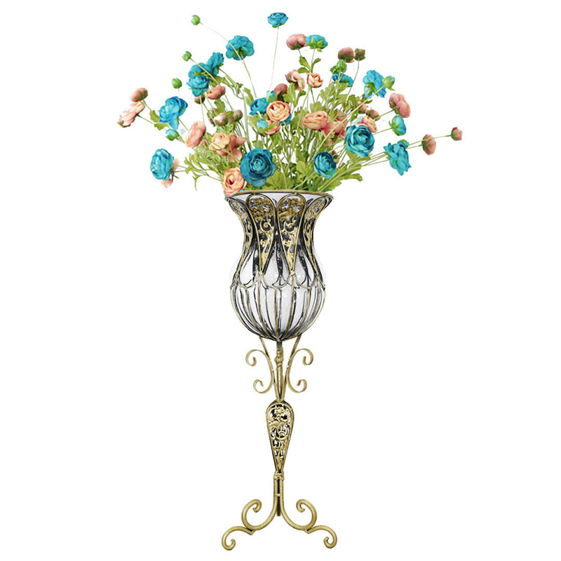 85cm Clear Glass Floor Vase Gold Metal With 12pcs Artificial Pink Blue Flowers