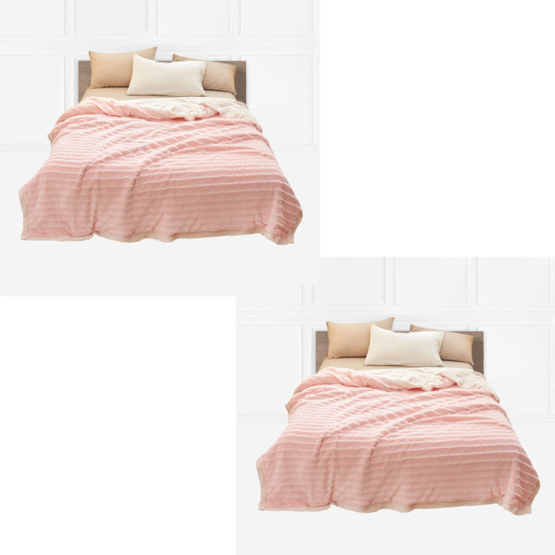 2X Double Sided Thick Flannel Polyester Throw Blanket 200x220cm Pink