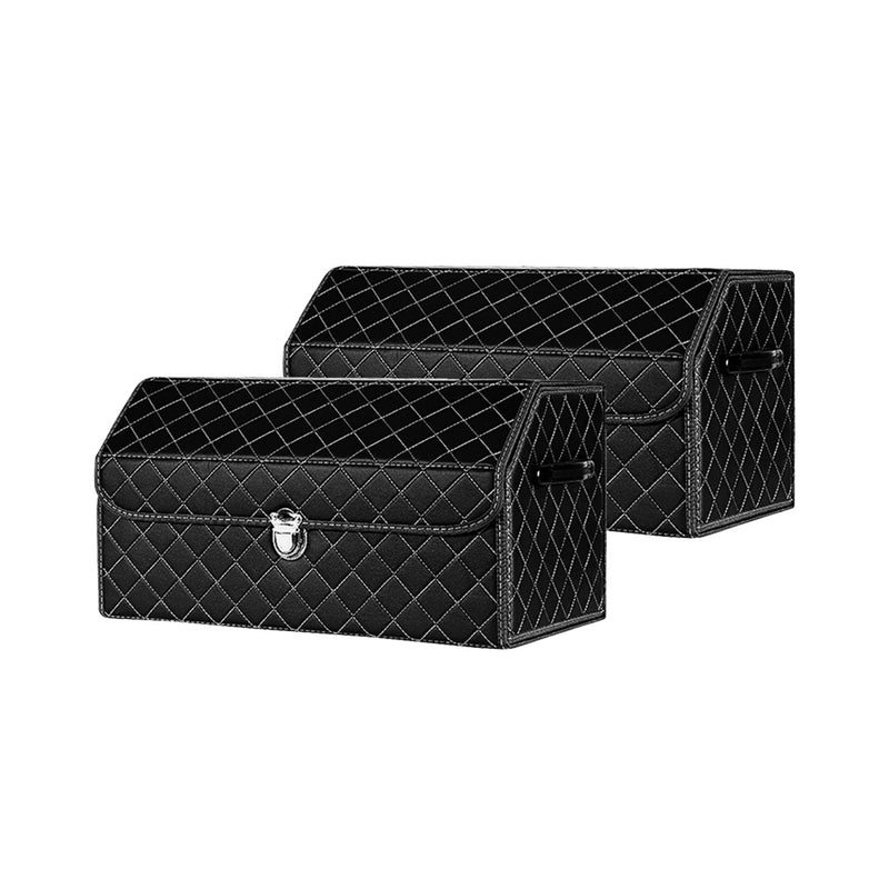 2X Leather Car Trunk Organizer Medium Collapsible With Lock Black White Stitch