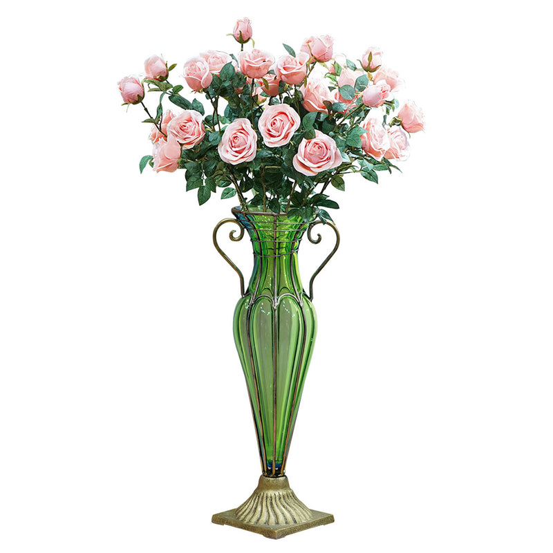 Green Glass Gold Metal Vase 20x13x47cm 8 Bunch 5 Heads Artificial Silk Rose