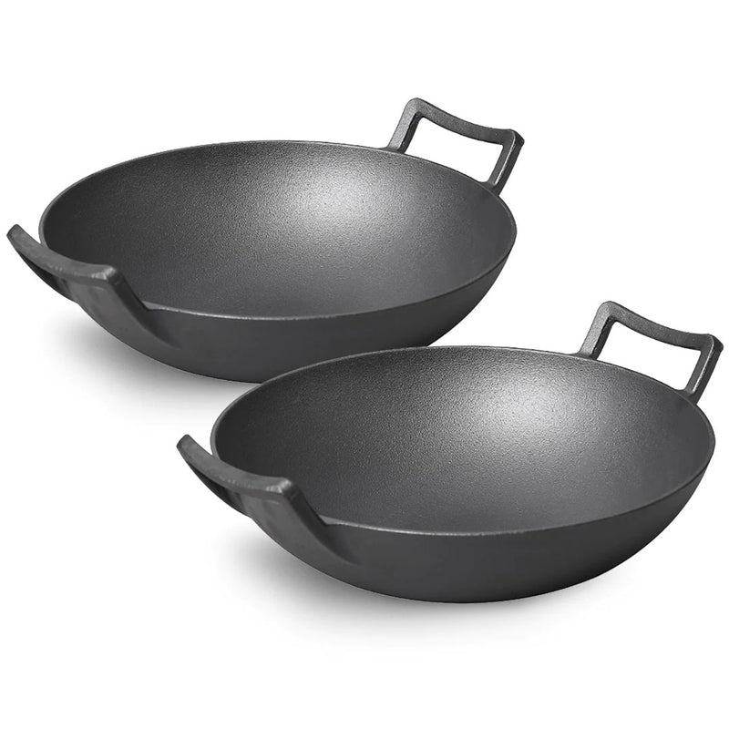 2X Cast Iron Wok Fry Pan 31cm Double Handle Non Stick Black