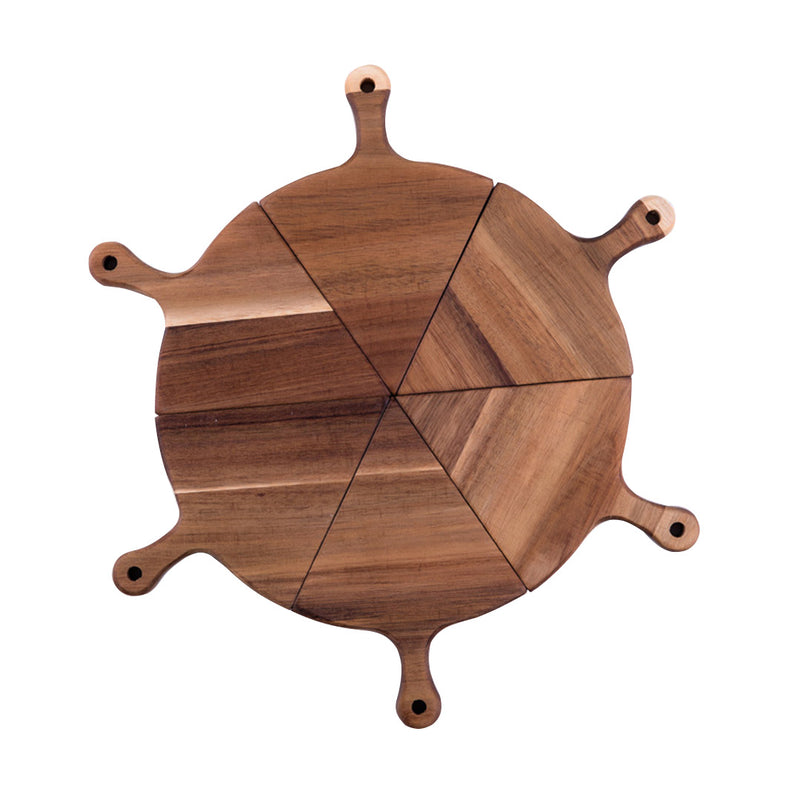 6 pcs Brown Acacia Wood Round Divisible Pizza Server Cutting Board 42cm