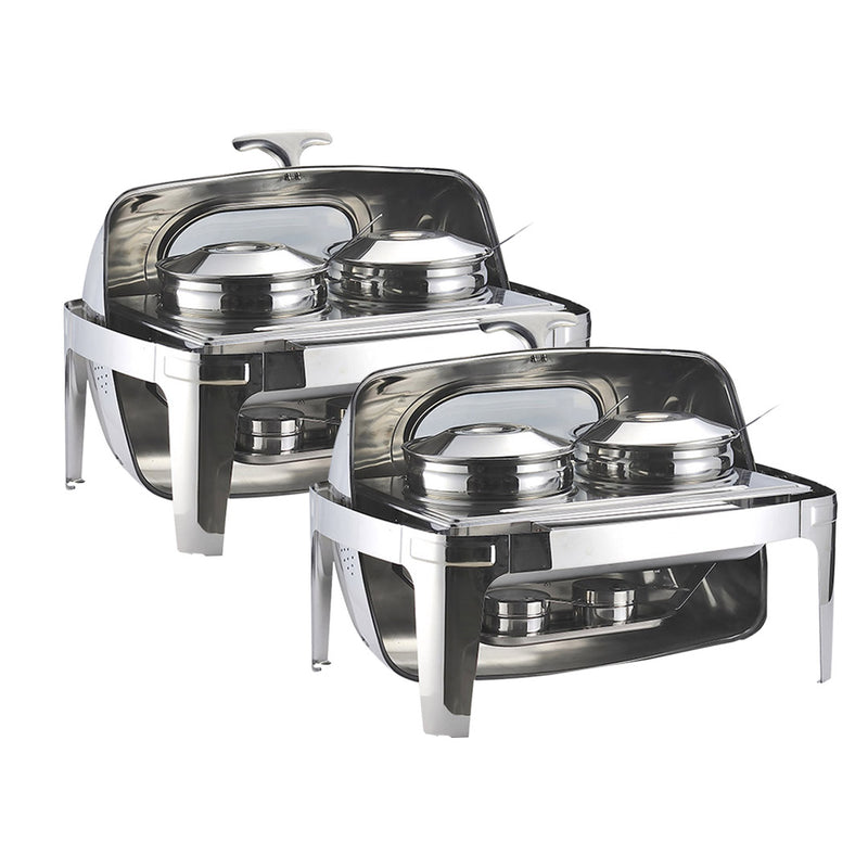 2X 6.5L Stainless Steel Roll Top Soup Tureen Chafer Window Lid