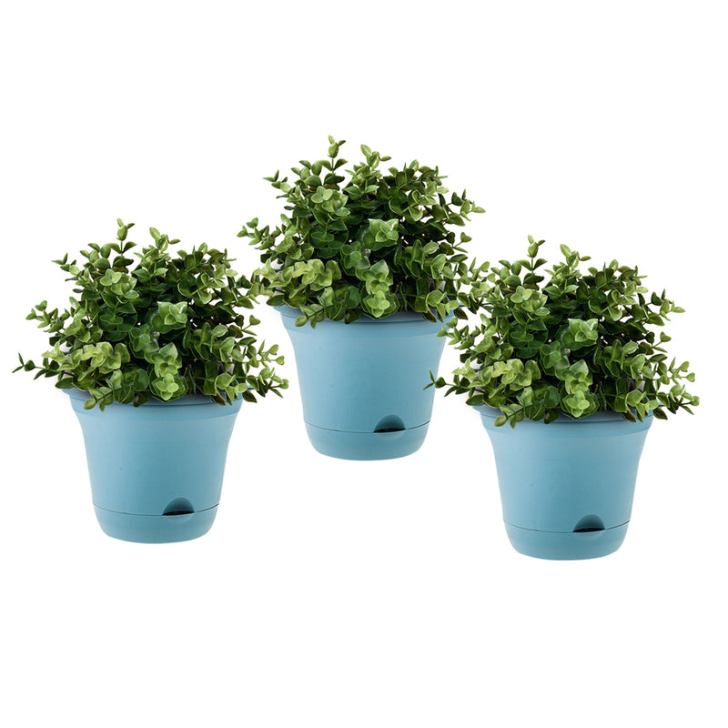 Blue Plastic Self Watering Planter Pot 19.5 cm Indoor Outdoor Garden Decor Set of 3