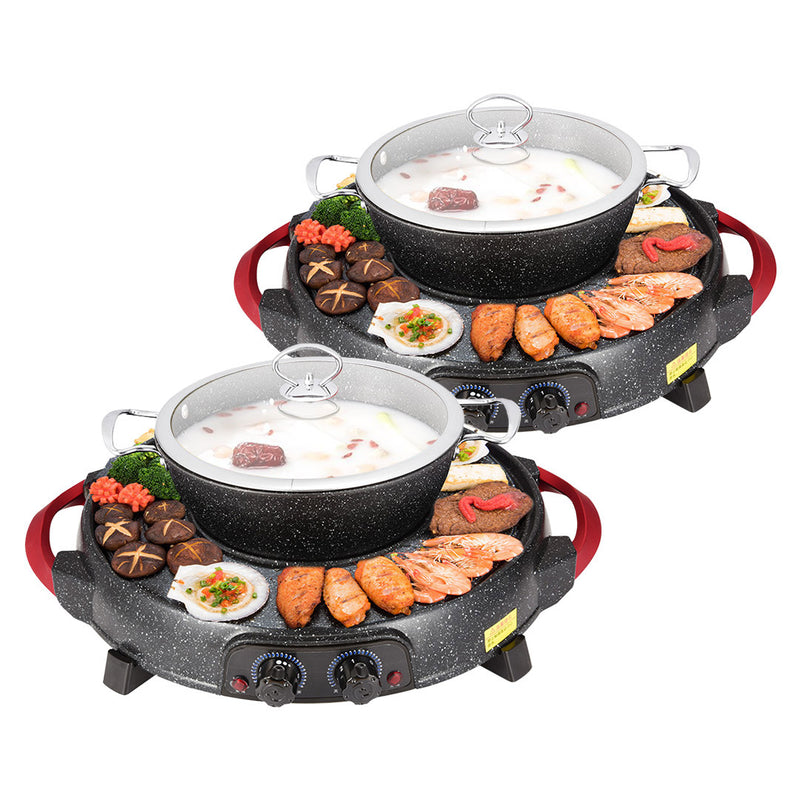 2X Electric Stone Coated Teppanyaki Grill And Steamboat Hotpot 27cm 47cm Black