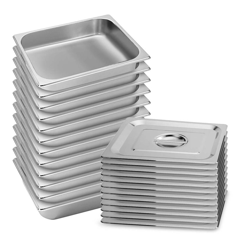 12X Stainless Steel GN Pan Full Size 6.5cm Deep Tray with Lid for Catering