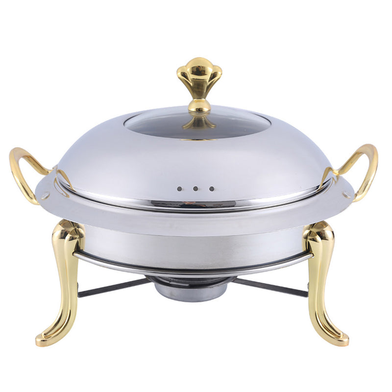 Stainless Steel Round Buffet Chafer Food Warmer Gold Accents Glass Lid 34cm