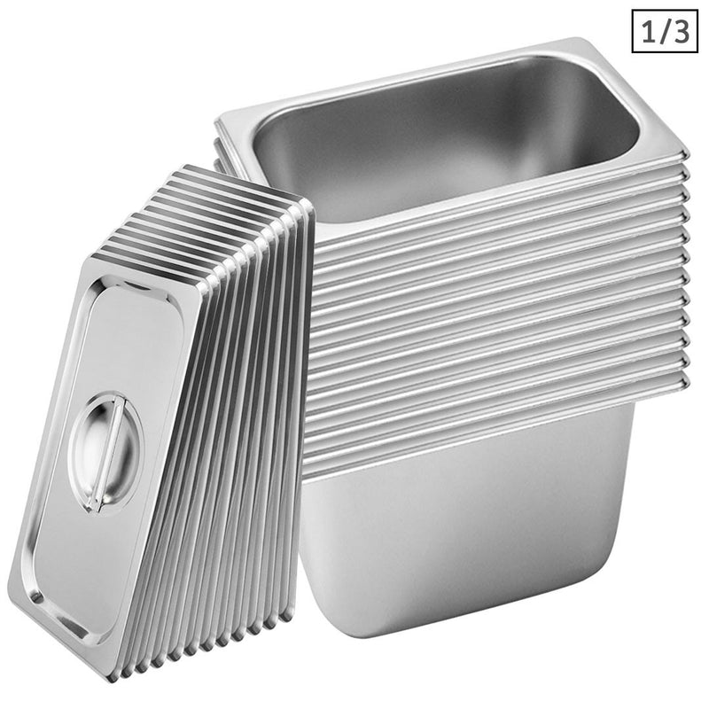 12X Gastronorm 1/3 Pan Stainless Steel 33.4x18.2x20cm Deep With Lid