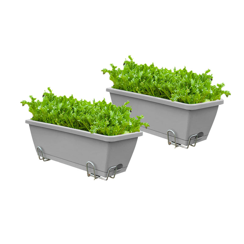 Gray Plastic Rectangular Planter 49.5cm With Holder Set of 2 Garden Outdoor