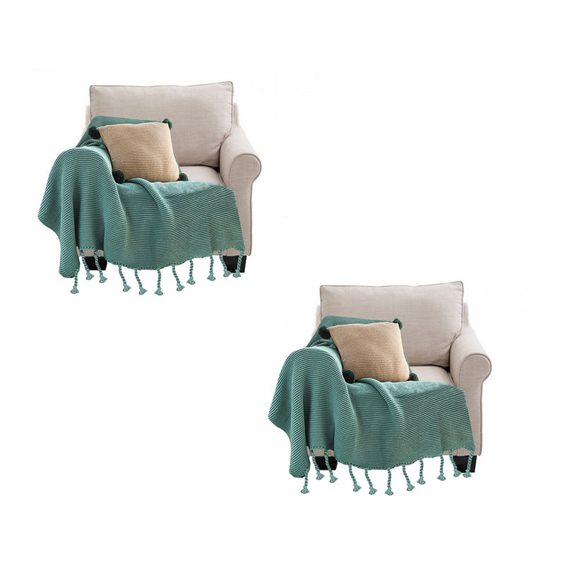 2X Green Knitted Throw Blanket 100 Acrylic Tassel Fringe Cozy Home Decor