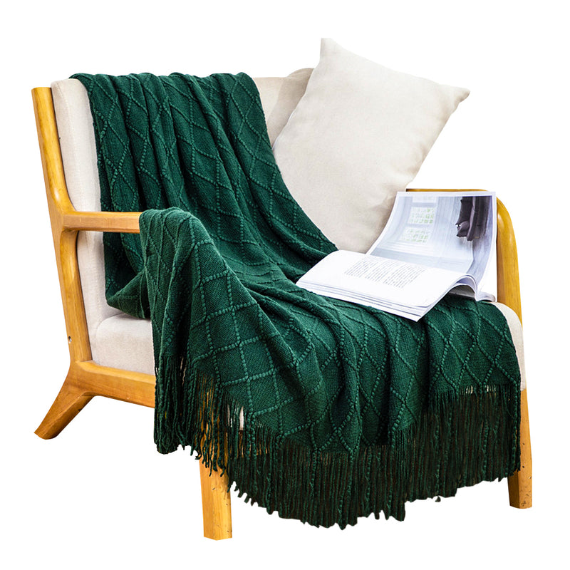 Green Knitted Throw Blanket 130x230cm Diamond Pattern Acrylic With Tassels