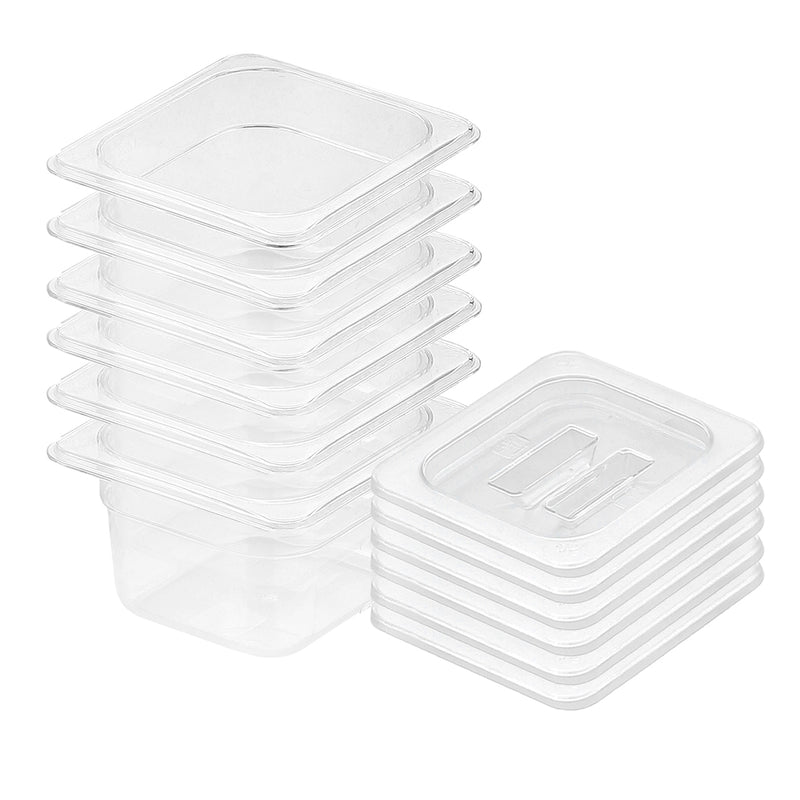 Clear Polycarbonate Gastronorm Pan 1/6 100mm Bundle of 6 With Lids