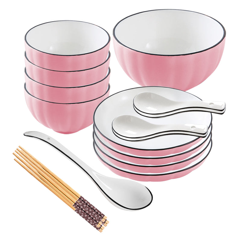 Pink Japanese Style Ceramic Dinnerware Set of 9 Bowls Plates Home Decor