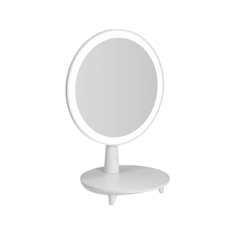 Round White Rechargeable Led Makeup Mirror Plastic 15.5x25.7cm Storage Base Usb