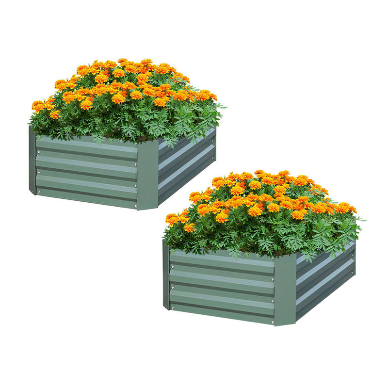 2X 100cm Square Galvanized Raised Garden Bed Vegetable Herb Flower Planter Green