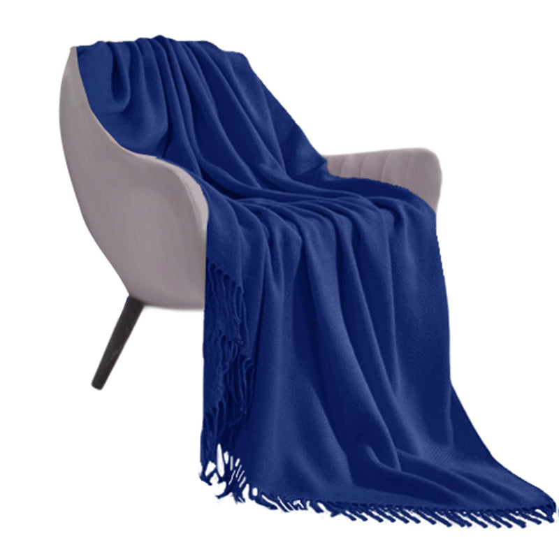 Acrylic Knitted Throw Blanket Royal Blue 130cmx220cm Fringed Cozy Home Decor