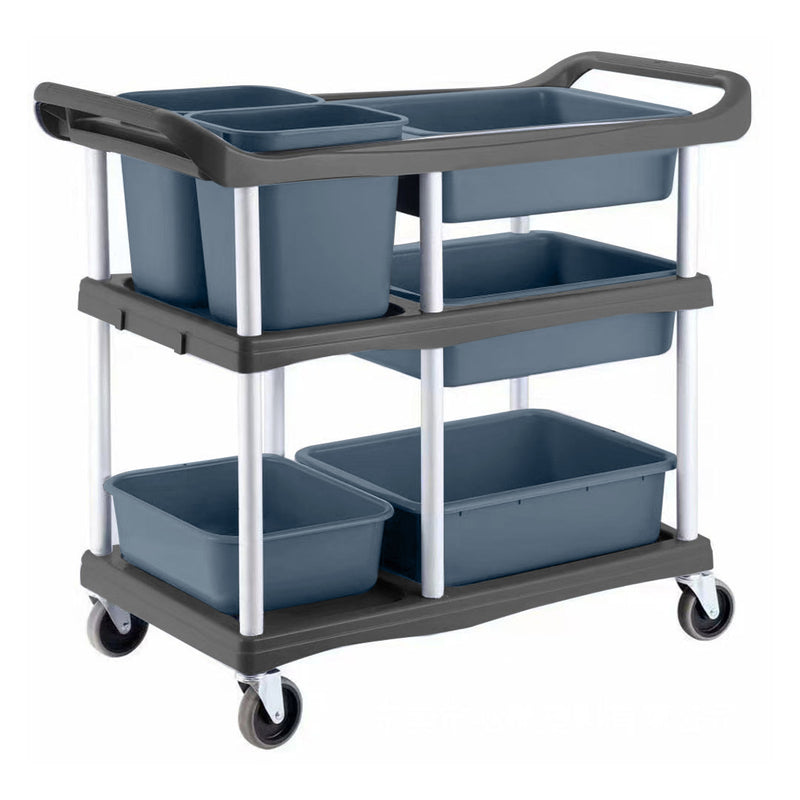 3 Tier Commercial Soiled Dish Cart Five Buckets Aluminum Steel Frame Blue Bins