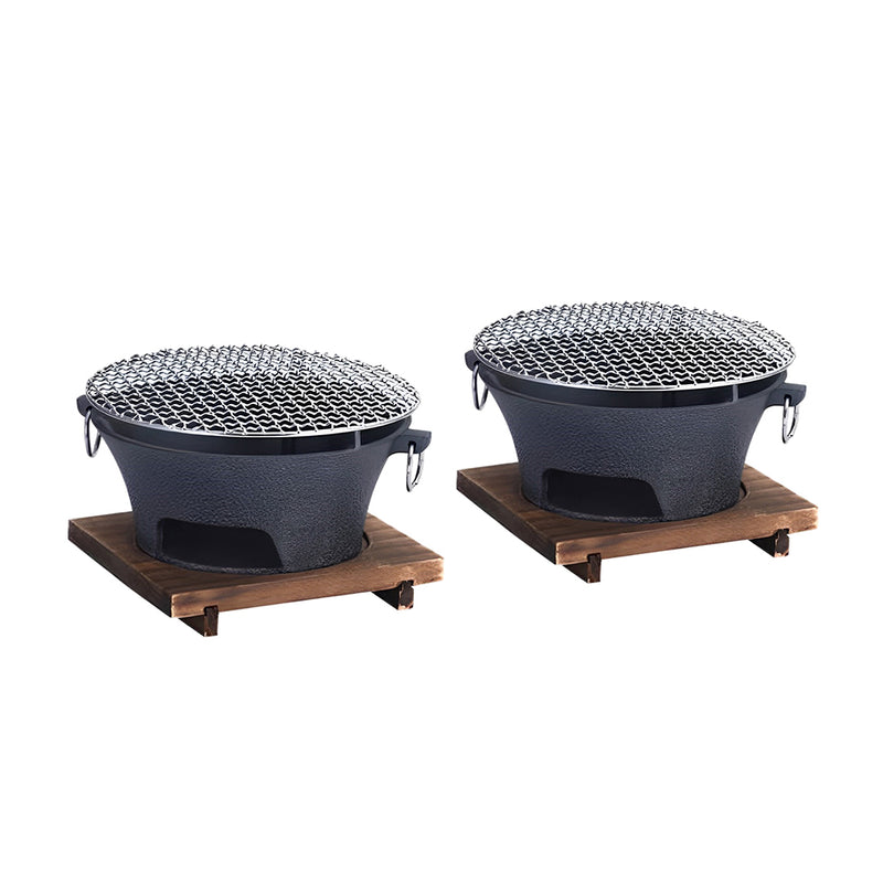 2X Cast Iron Round Charcoal Grill 24cm Stainless Net Black Wood Base