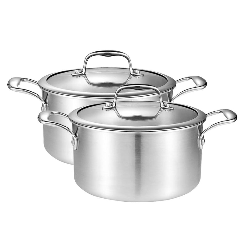 2X 20cm Stainless Steel Soup Pot 18/10 3 Layer Thick Bottom Glass Lid Induction