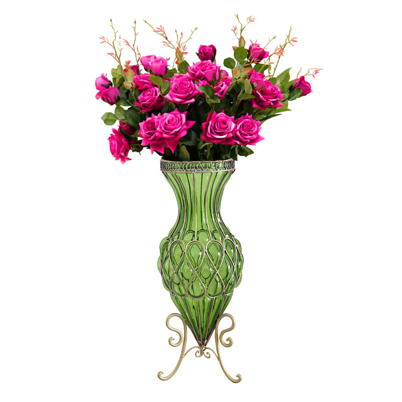 67cm Green Glass Floor Vase Gold Trim 12pcs Dark Pink Artificial Flowers