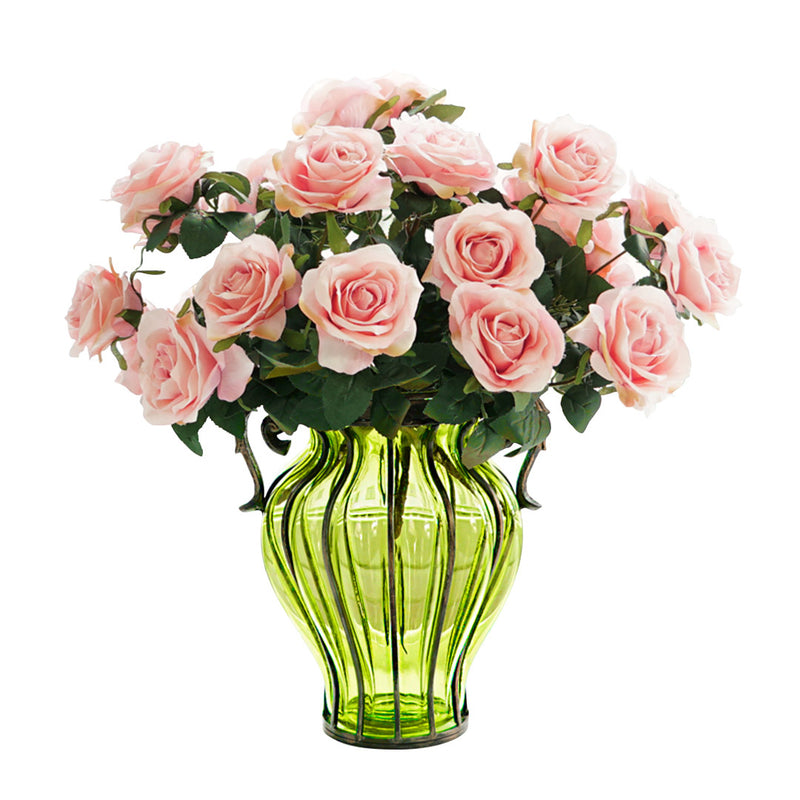 Green Glass Vase Gold Metal 16cm X 20cm X 35cm 4 Bunch 9 Heads Silk Roses