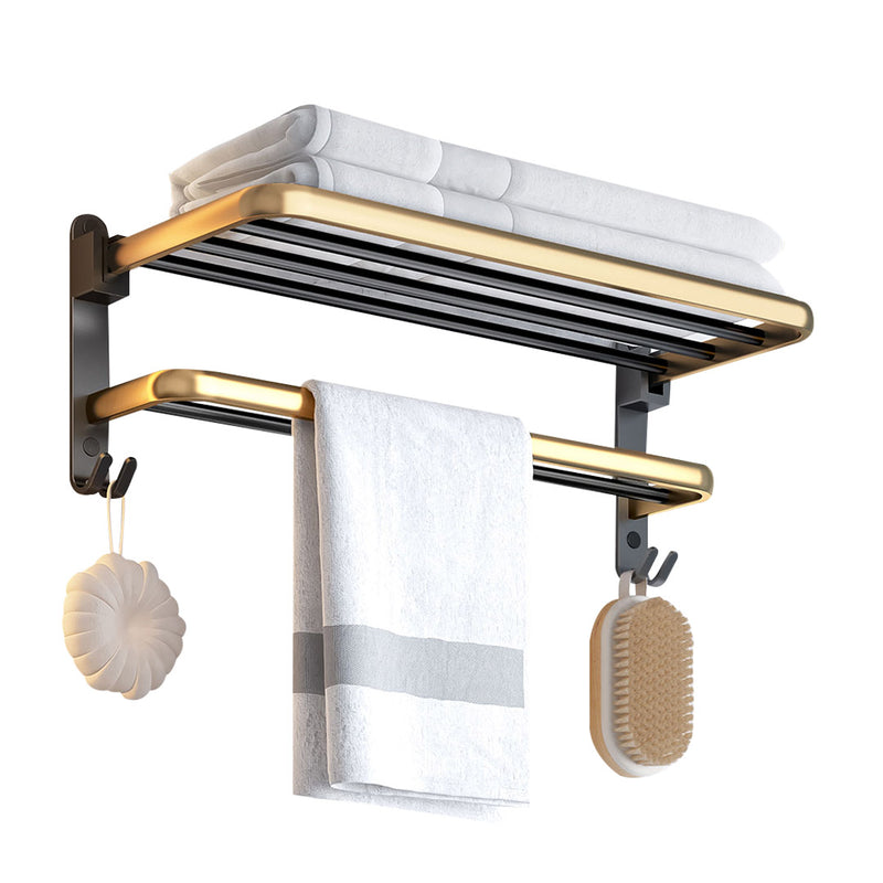 62cm Wall Mounted Double Pole Aluminum Towel Rack Black Gold Hooks Rust Proof