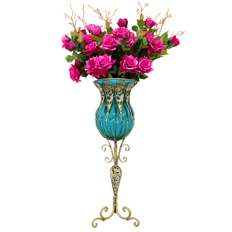 85cm Blue Glass Floor Vase Gold Metal With 12pcs Dark Pink Artificial Flowers