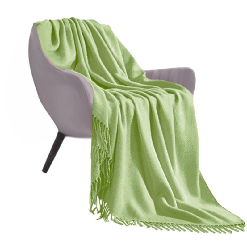 Green Acrylic Knitted Throw Blanket 130cmx220cm Solid Fringed Home Decor