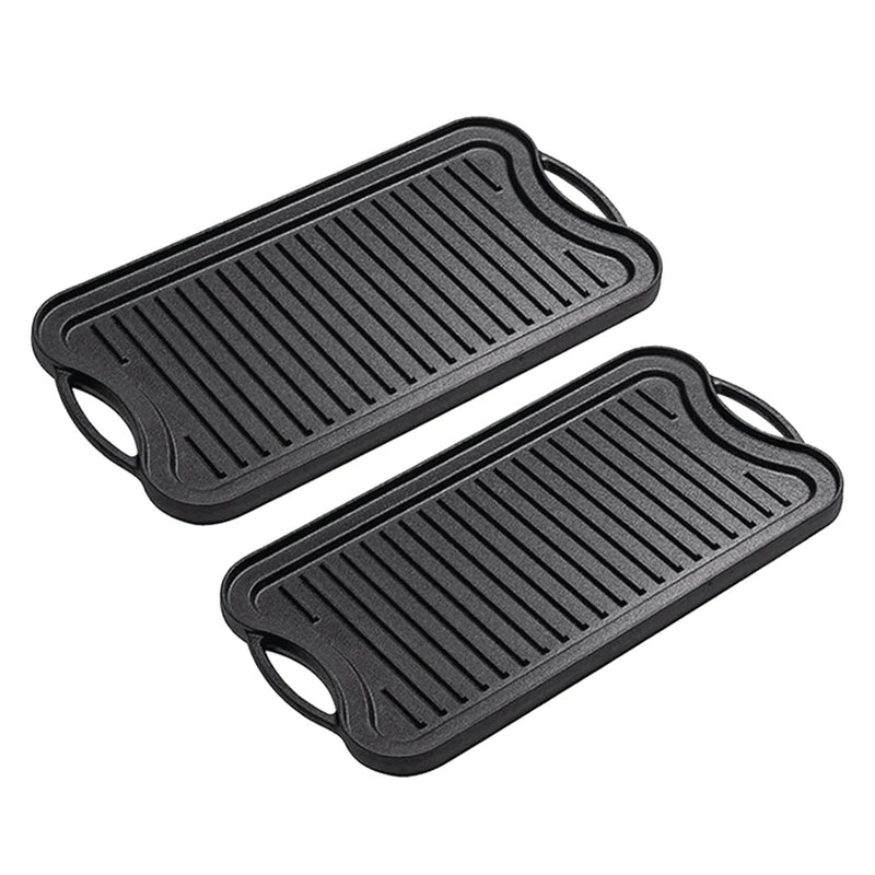 2X Cast Iron Ridged Grill Pan 50.8cm Reversible BBQ Stovetop Non-Stick Griddle