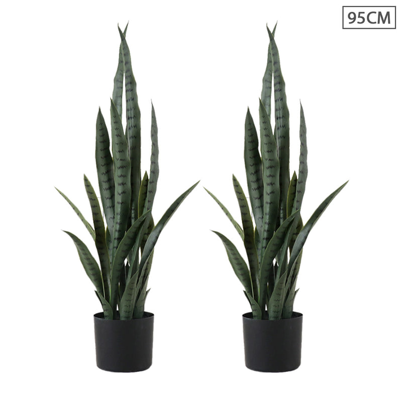2X 95cm Sansevieria Snake Artificial Plants Plastic Green With Black Planter