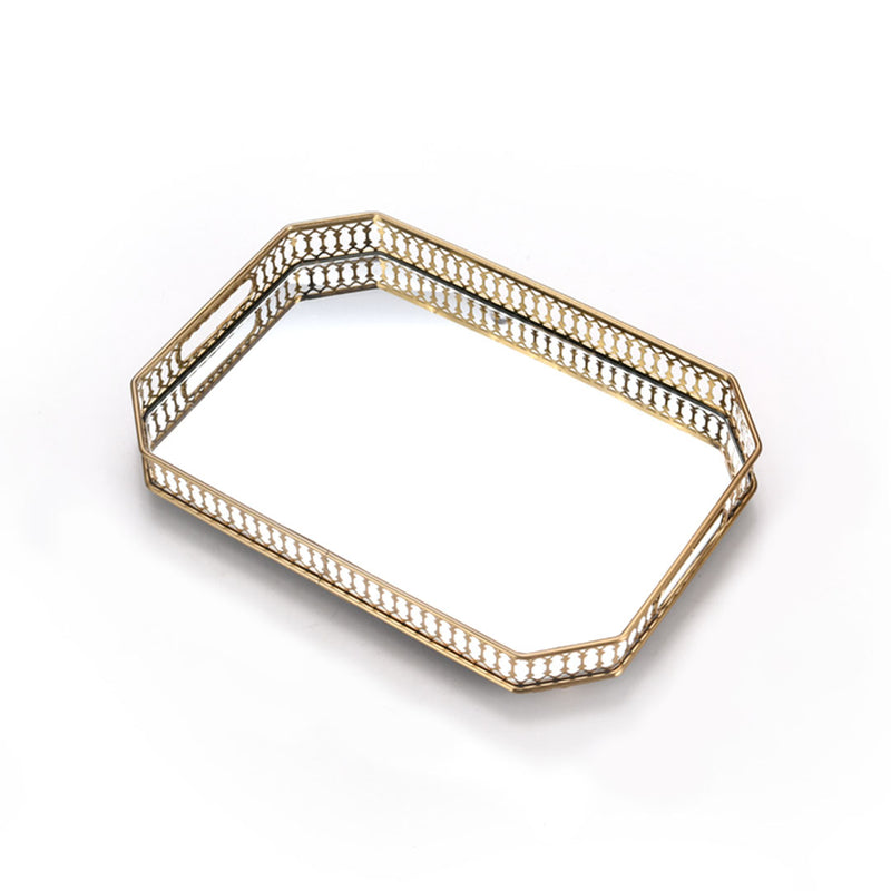 Gold Rectangle Mirror Glass Vanity Tray 35cm Ornate Perfume Jewelry Organizer