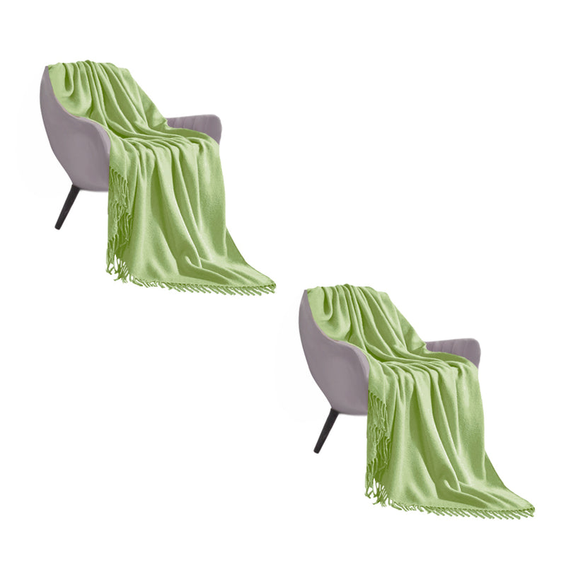 2X Green Acrylic Knitted Throw Blanket 130x220cm Fringed Cozy Decor