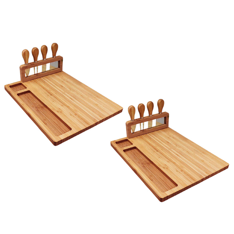 2X 36cm Brown Rectangular Wood Cheese Board Charcuterie Tray With Knife Set
