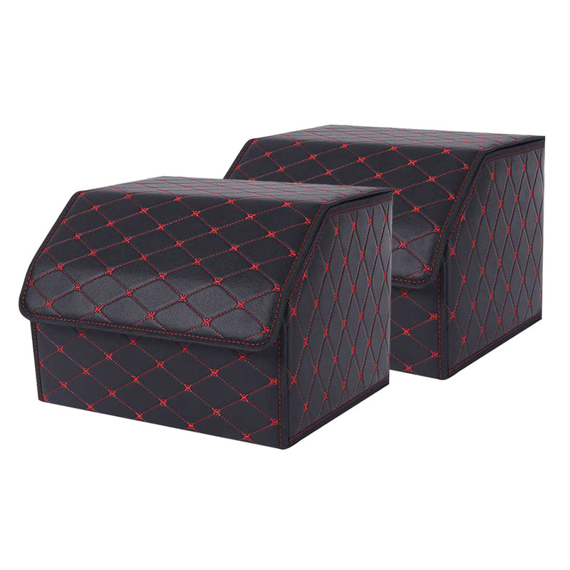 2X Leather Car Boot Organizer 40x30x30cm Collapsible Divider Black Red Stitch