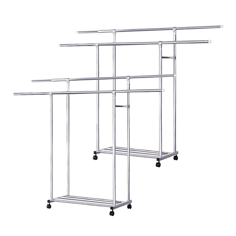 2X 200cm Extendable Stainless Steel Floor Clothes Rack Double Rod Wheels