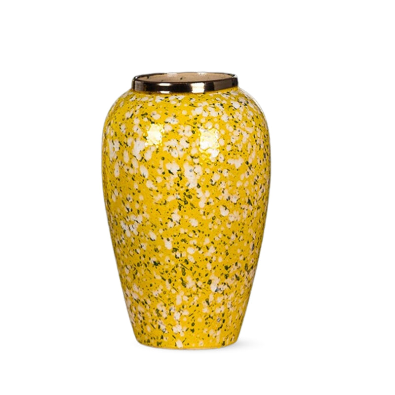 Medium Ceramic Flower Vase 30x19cm Yellow With White Floral Handcrafted