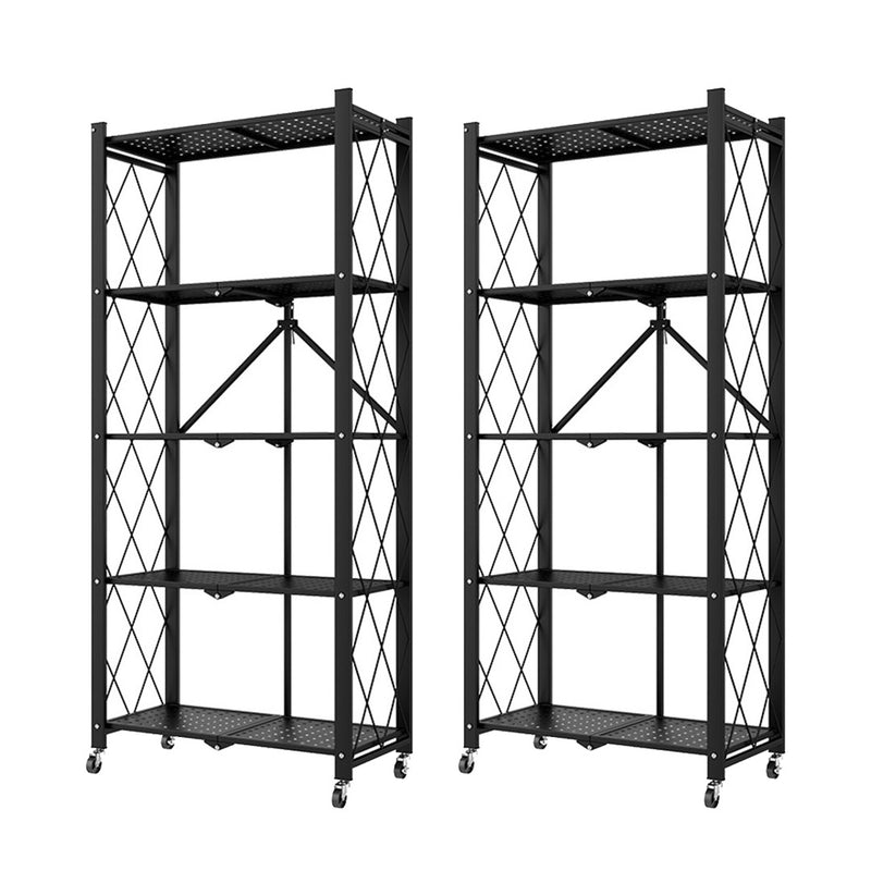 2X 5 Tier Carbon Steel Foldable Kitchen Cart 160cm Black Wheels