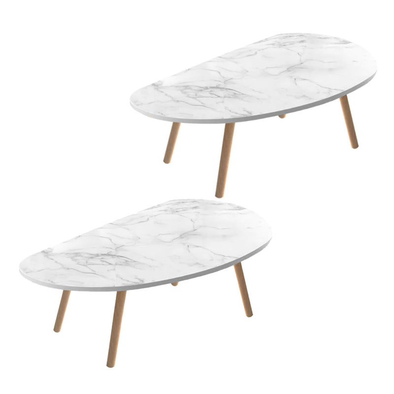 2X White Stone Pattern Nordic Coffee Table Modern Design 80x40cm Wood Legs