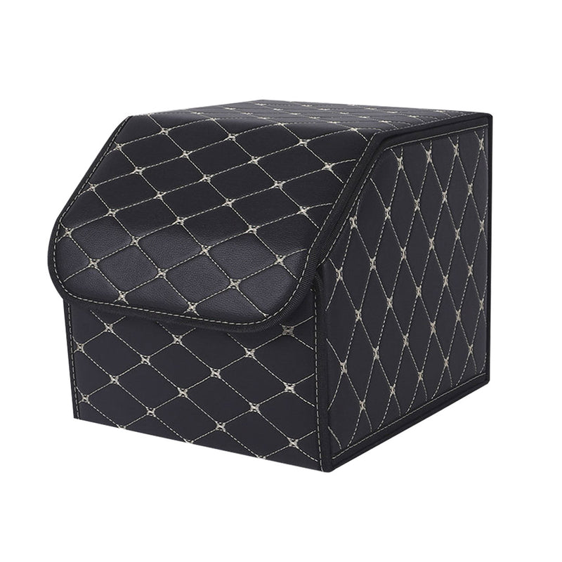 Car Boot Organizer Leather Non Woven 30x30x30cm Collapsible Black Gold Stitch