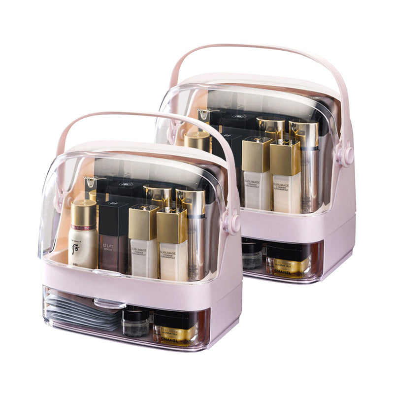2X 2 Tier Pink ABS Countertop Makeup Organizer Clear Lid Handle 29x21.5x32cm