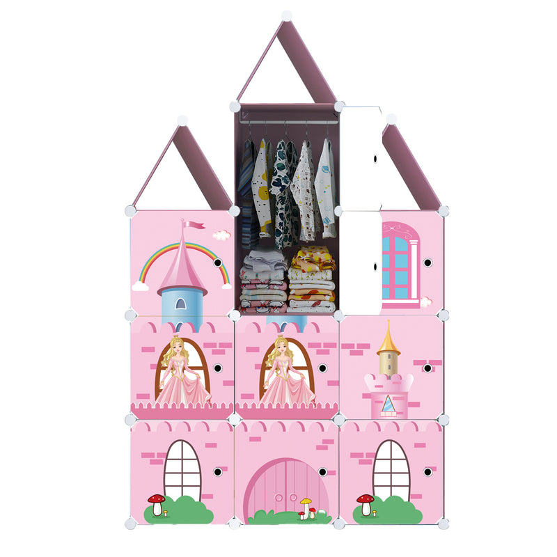 10 Cubes Diy Castle Print Portable Wardrobe Polypropylene 110x37x165cm Pink