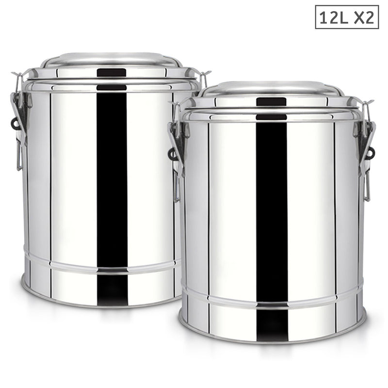 2X 12L Stainless Steel Insulated Stock Pot Food Grade With Lid Latches Handles