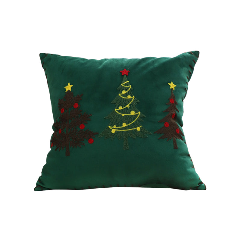 Square Throw Pillow Plush Polyester 45x45cm Embroidered Christmas Trees Green