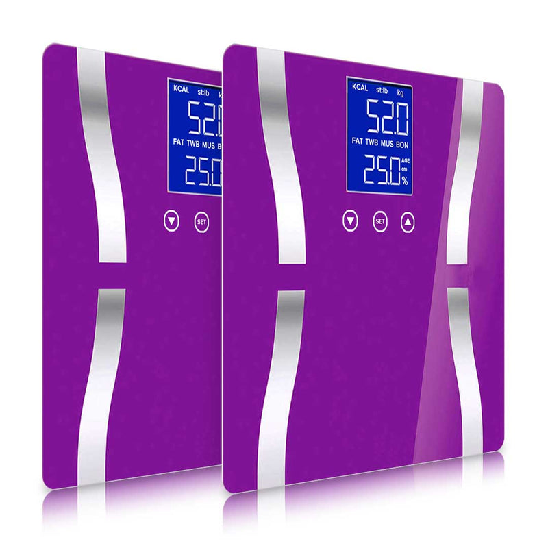 2X Glass LCD Digital Body Fat Scale Purple 180kg 5 Modes Auto Switch Gym Home