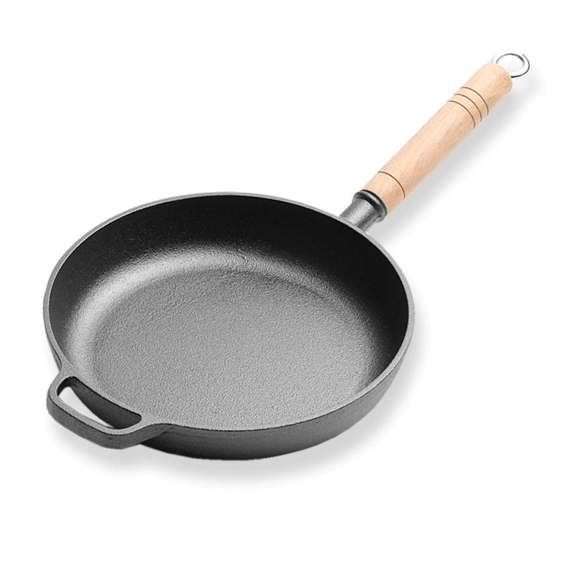 25cm Cast Iron Frying Pan Skillet Sizzle Platter with Wood Handle Nonstick