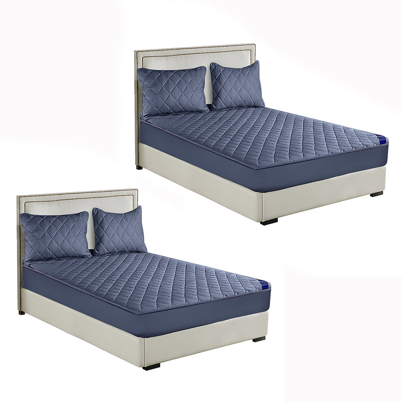 2X Blue Stretchable Quilted Mattress Cover Set Polyester 138cm With Pillow Covers