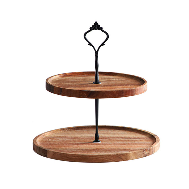 2 Tier Round Dessert Tray Acacia Wood 20cm Brown Serving Stand